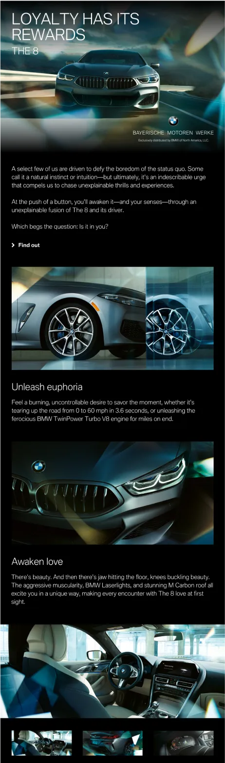 advertisement for a sliver BMW 8 Series sedan